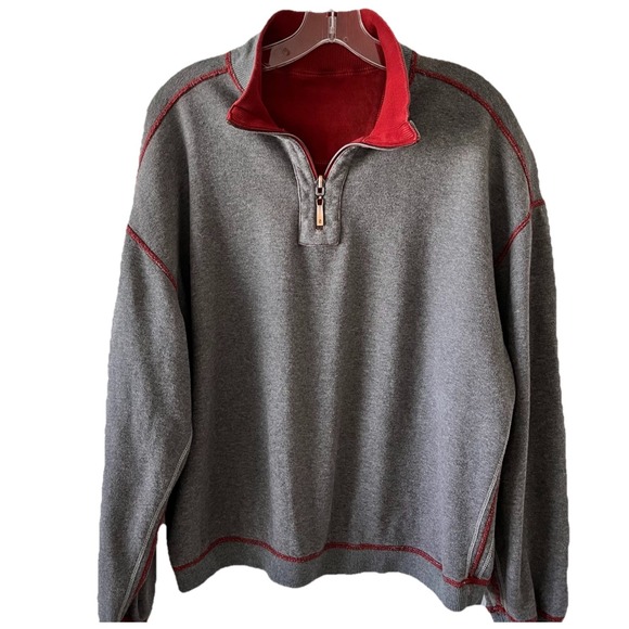 IZOD Mens Sweater Sz L Red Gray Reversible 1/4 Zip Mock Neck Pullover Sweatshirt - Picture 2 of 7